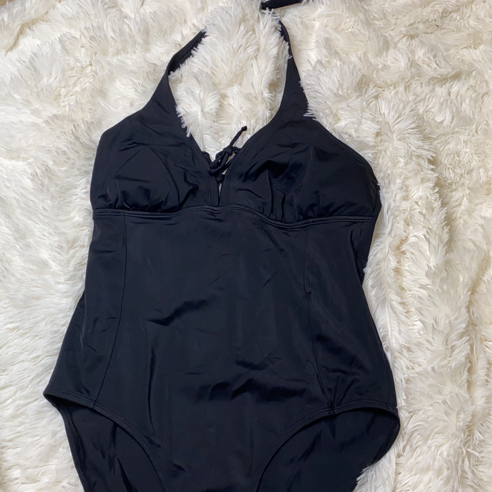 Islander Black One Piece Halter Tie Bathing Swimsuit Size 12 - Picture 2 of 9